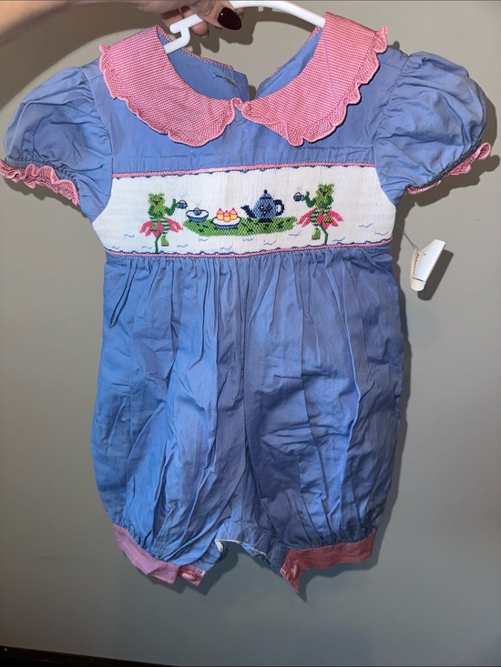 Beaux et Belles Other - Blue Pima with Frog Tea Party Smocked One-Piece for Kids